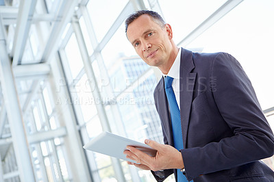 Buy stock photo Portrait, planning or business man on tablet for invest strategy, finance growth or financial review. Networking manager in office building for social network, data analysis or economy data research