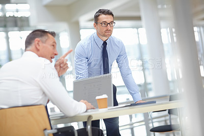 Buy stock photo Business meeting, corporate or people with laptop for investment planning, finance growth or financial review. Teamwork in office building, talking or collaboration with technology for future vision