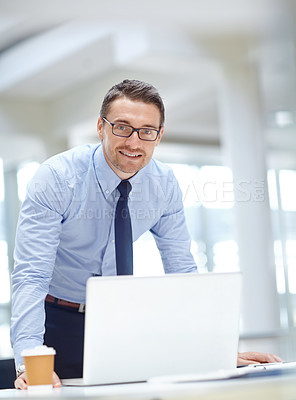 Buy stock photo Portrait, laptop and vision with a business man at work in his office for research or innovation. Computer, mindset and mission with a male employee working on a report or planning for success