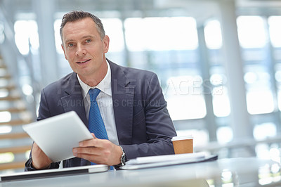 Buy stock photo Portrait, corporate or business man with tablet in office for motivation, company research or website review. Manager, accountant or employee with tech for social network, internet or mobile app 