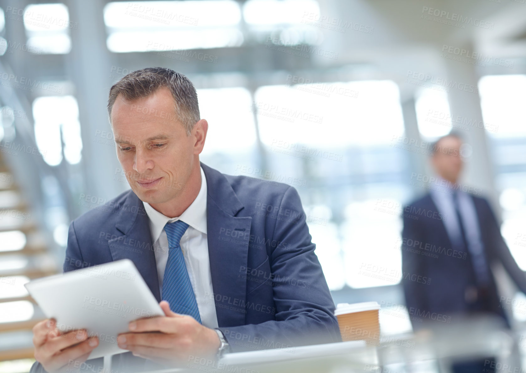 Buy stock photo Focus, corporate and businessman with tablet for networking, finance growth and financial review. CEO, employee and manager in office building planning, data analysis and economy data analytics study