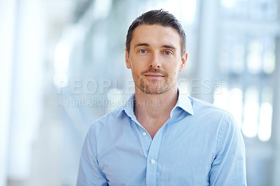 Buy stock photo Businessman, portrait and serious face in modern office mockup for professional, about us and confidence. Corporate mock up, worker and mature male employee or CEO, entrepreneur and background space