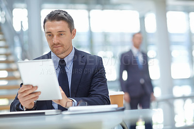 Buy stock photo Research, corporate or businessman with tablet for invest strategy, finance growth or financial review. CEO or travel manager in office building planning, data analysis or economy data analytics