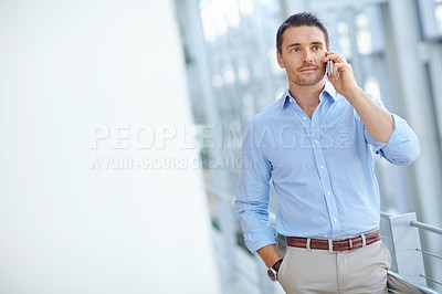 Buy stock photo Phone call, communication or business man in office. balcony for tax loan, wealth or investment negotiation. Travel, focus or manager with smartphone for networking, b2b network or planning meeting