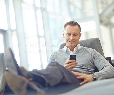 Buy stock photo Search, travel or business man with phone for invest strategy, finance growth or financial success. CEO, airport or manager with smartphone for planning, data analysis or economy data research review