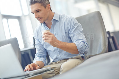 Buy stock photo Laptop, corporate or business man with coffee for invest strategy, finance growth or financial success. CEO, tech or manager in airport lobby planning, data analysis or economy data analytics review