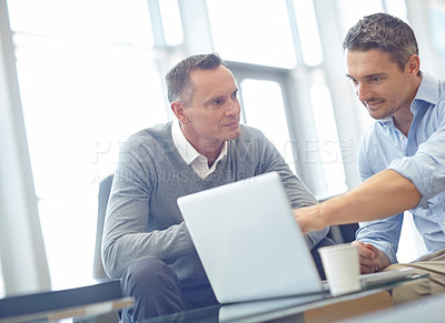 Buy stock photo Laptop, communication and business people in collaboration, teamwork and strategy for company startup. Corporate worker consulting client for feedback, review and ideas for website or financial quote