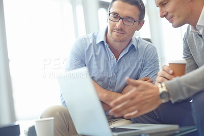 Buy stock photo Businessman, laptop and idea strategy in discussion for deal, proposal or corporate idea at the office. Business people sharing ideas, market planning or advertising in conversation at the workplace