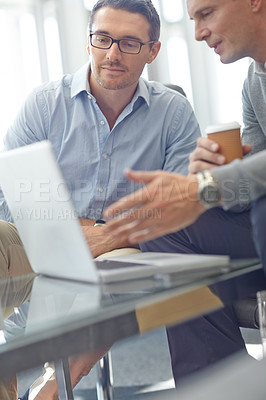 Buy stock photo Elderly businessman, laptop and discussion for digital marketing, deal or corporate proposal idea at the office. Business people talking, strategy or planning advertising in conversation at workplace