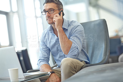 Buy stock photo Phone call, corporate and business man in airport for networking, communication or b2b negotiation in commute. Travel, laptop and mature manager talking on smartphone for collaboration deals idea