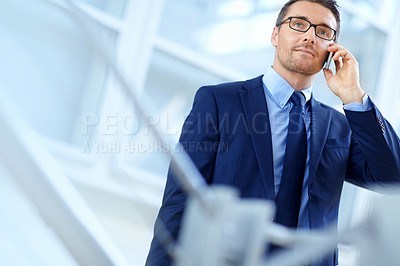 Buy stock photo Phone call, networking man or manager in airport lobby for loan, wealth or investment negotiation. Travel, standing or business man with smartphone for communication, b2b network or planning meeting