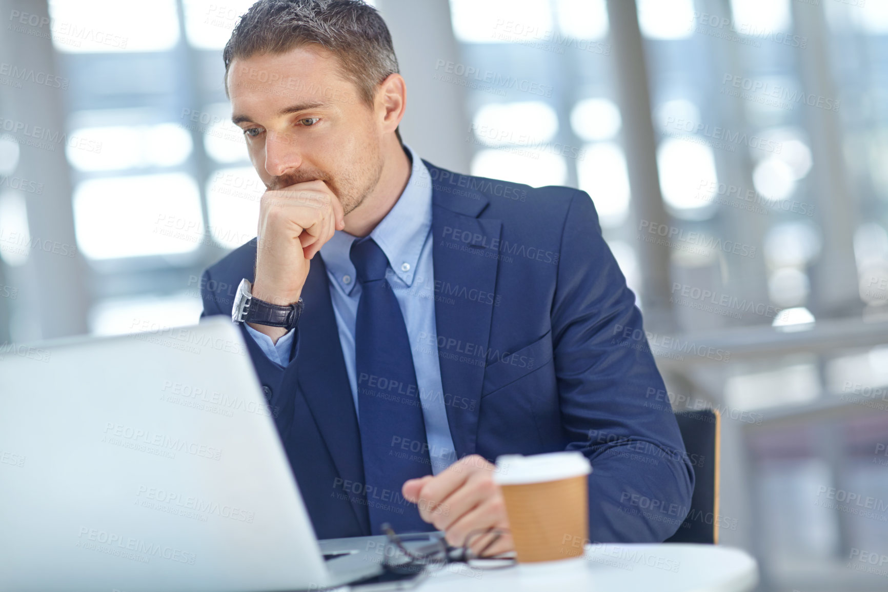 Buy stock photo Laptop, finance and male accountant thinking while working on financial report in the office. Success, professional and businessman planning an accounting statistics project on computer in workplace.