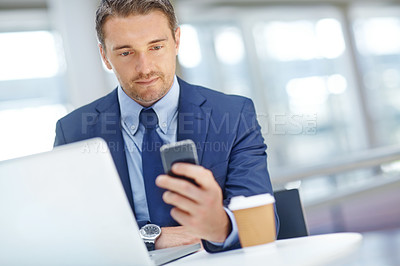 Buy stock photo Thinking, corporate or business man with phone in office for communication, social networking or content blog review. Laptop or manager with smartphone for social media, mobile or web app search