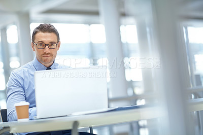 Buy stock photo Portrait, corporate or business man on laptop for invest strategy, finance growth or financial review. CEO or analytics manager in office building planning, data analysis or economy data research 