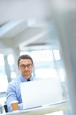 Buy stock photo Portrait, corporate or business man with laptop for invest strategy, finance growth or financial network. CEO, tech or manager in office for planning, data analysis or economy data analytics review