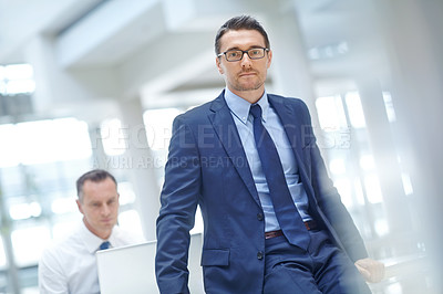 Buy stock photo Leader, office portrait and business man, mentor or ceo manager working in trading, stock market or investment company. Financial economy, bitcoin mining and confident crypto trader or broker sitting