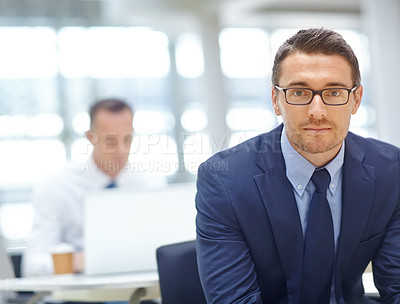 Buy stock photo Manager, office portrait and business man, leader or CEO work in trading, stock market or investment firm. Economy, crypto mining and team manager, male trader and face of finance broker sitting