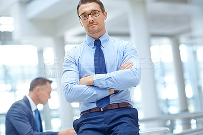 Buy stock photo Portrait, mission and mindset with a business man in his office standing arms crossed in a confident pose. Growth, vision and management with a male employee at work for future success in corporate