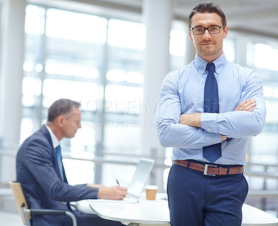 Buy stock photo Portrait, growth and mindset with a business man in his office standing arms crossed in a confident pose. Vision, mission and management with a male employee at work for future success in corporate