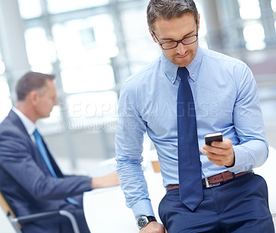 Buy stock photo Business man, reading or phone in modern office for corporate email, research or company growth planning. Serious manager, CEO or executive worker on mobile technology for meeting schedule management