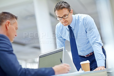 Buy stock photo Office laptop, team and businessman reading portfolio review, stock market database or investment. Economy, research colleague and online trader work on finance exchange, crypto mining or NFT trading