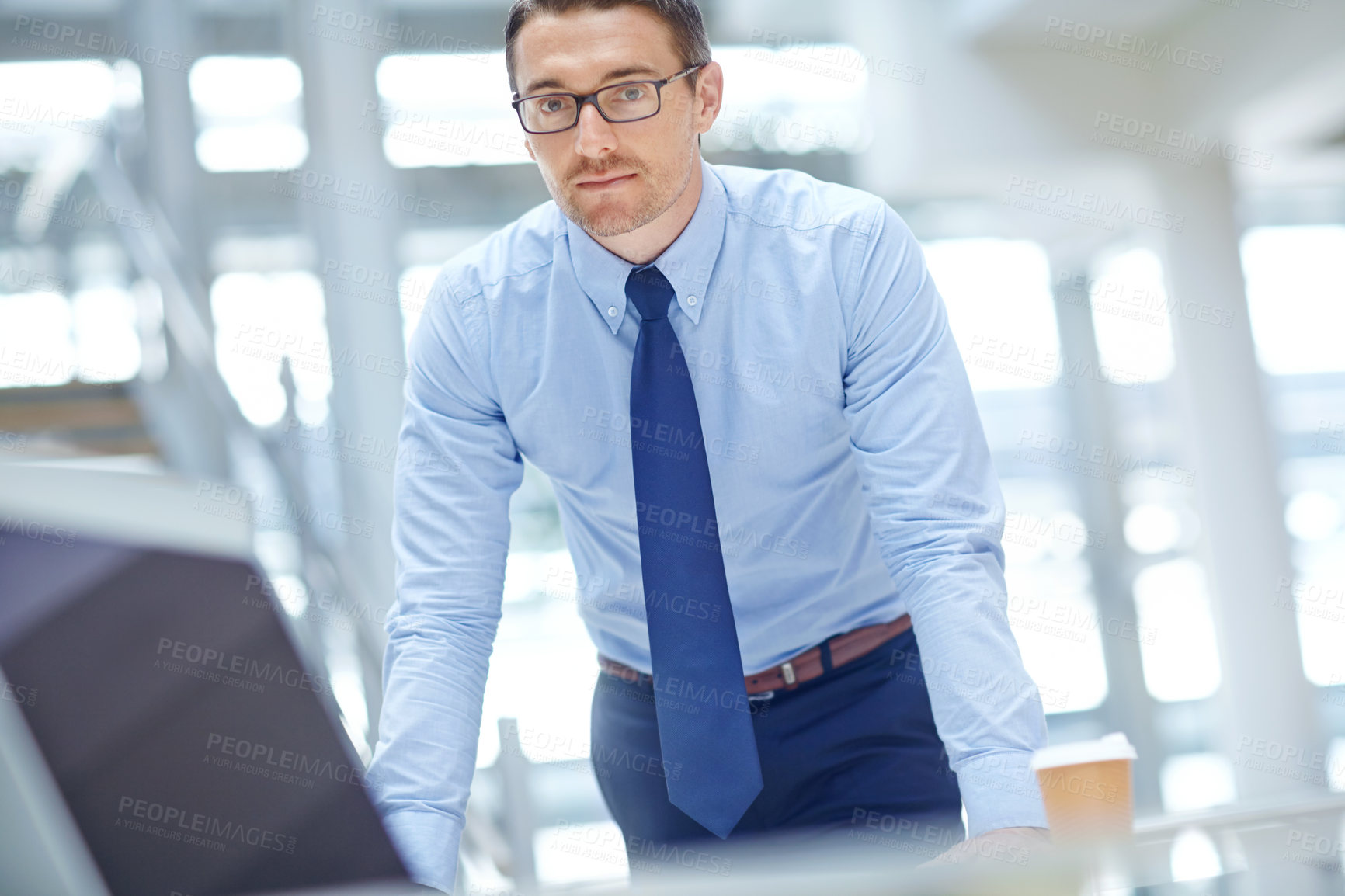 Buy stock photo Portrait, mindset and mission with a business man at work by a desk in the office for future growth. Manager, trust or goal and a male employee working with a vision of company success or development