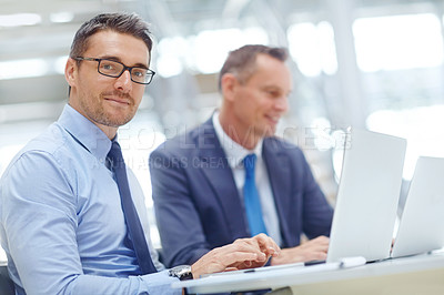 Buy stock photo Laptop, corporate lounge and portrait of business people doing review of financial portfolio, stock market database or investment. Economy, research and team working on forex, bitcoin or nft trading