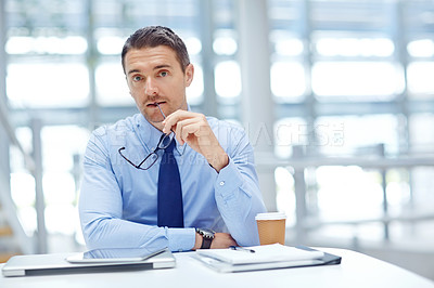 Buy stock photo Portrait, vision and idea with a business man at work by his desk in the office for future growth. Interview, human resources and management with a male employee working on a mission for development