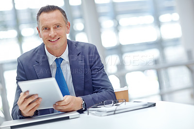 Buy stock photo Smile, corporate or businessman with tablet for invest strategy, finance growth or financial review. CEO, portrait or manager in office building planning, data analysis or economy data analytics read