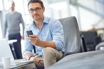 Buy stock photo Portrait, corporate and businessman on phone in airport for networking, communication and flight travel check. Mature worker, employee and corporate person on mobile technology in business lounge