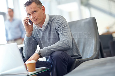 Buy stock photo Phone call, travel and business man in airport on laptop for conversation, discussion and planning. Corporate, trip and portrait of manager on smartphone for networking, b2b communication and meeting