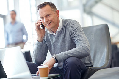 Buy stock photo Phone call, smile or happy businessman in airport lobby for loan, wealth or investment negotiation. Travel, communication or manager with smartphone for networking, b2b network or planning meeting