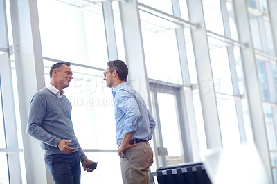 Buy stock photo Airport, lounge and partner communication of business people talking, networking and chat about airplane journey. Conversation, discussion or corporate employee, worker or agent speaking about travel