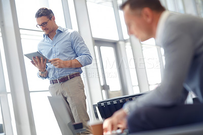 Buy stock photo Tablet, corporate or business man standing in airport lobby for invest strategy, finance growth or financial success. CEO, travel or manager with tech planning, social media or network blog