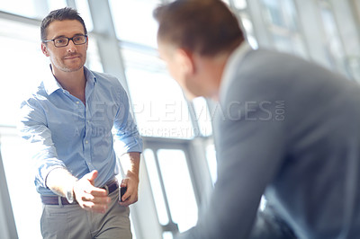 Buy stock photo B2B support business people handshake or partnership for welcome, collaboration or company teamwork, success and innovation. Focus, trust or men shaking hands for deal, thank you or job promotion