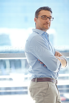 Buy stock photo Leader, confidence and portrait of businessman against window proud, mindset and ambitious. Face, ceo and leadership by serious professional, empowered or confident about vision, assertive or tough