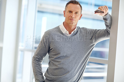 Buy stock photo Portrait, mindset or serious and a business man in his office with a mission or vision for future growth. Corporate, management and focus with a male employee at work for motivation or success