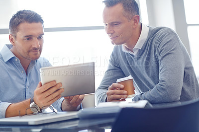 Buy stock photo Corporate, tablet or male business people in meeting for invest strategy, finance growth or financial review. Teamwork,  planning and data analysis or digital economy data research search
