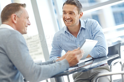 Buy stock photo Corporate, teamwork or businessmen with tablet in office building for business deal, economy or invest growth. Finance, happy men or manager with tech for networking, blog news or social media read
