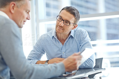Buy stock photo Teamwork, corporate or business people with tablet planning company strategy, finance growth or financial review. Team building, focus or male employee in office for collaboration or idea