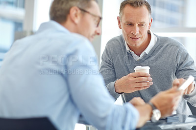 Buy stock photo Business men, talking or tablet for company growth, planning or corporate office proposal with manager. Mentor, leadership or boss with digital technology for employee training, help or collaboration