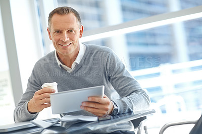 Buy stock photo Happy, corporate or businessman with tablet for investment research, finance or financial growth review. Mature ceo, manager or leader with technology for office planning, management or accounting