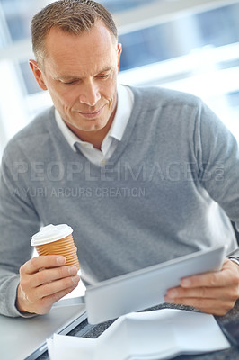 Buy stock photo Thinking, corporate or businessman with tablet for invest strategy, finance growth or financial review. Coffee, focus or employee in office for collaboration, data analysis or economy data research