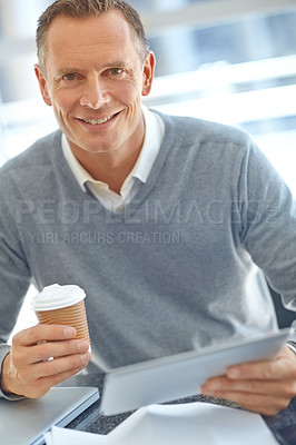 Buy stock photo Businessman, portrait and tablet in coffee break for company management, planning and research. Smile, happy and mature ceo, manager or boss with digital technology, takeaway cup and tea in office