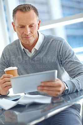 Buy stock photo Research, corporate research or man with tablet for invest strategy, finance growth or financial review. Manager, tech or CEO in office building planning, data analysis or economy data analytics read