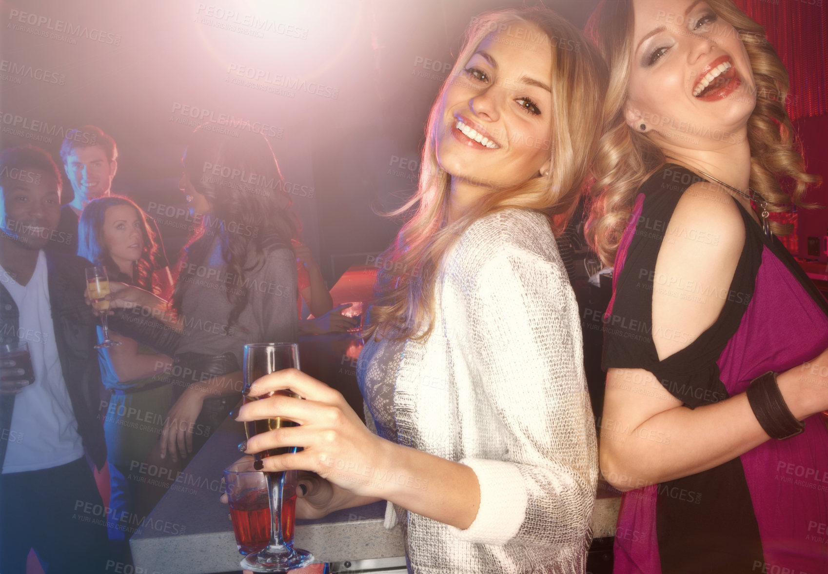 Buy stock photo Woman, party portrait and champagne to celebrate birthday, new years or social event in nightclub together, Happiness, support and friends laughing in nightclub for friendship celebration with drink