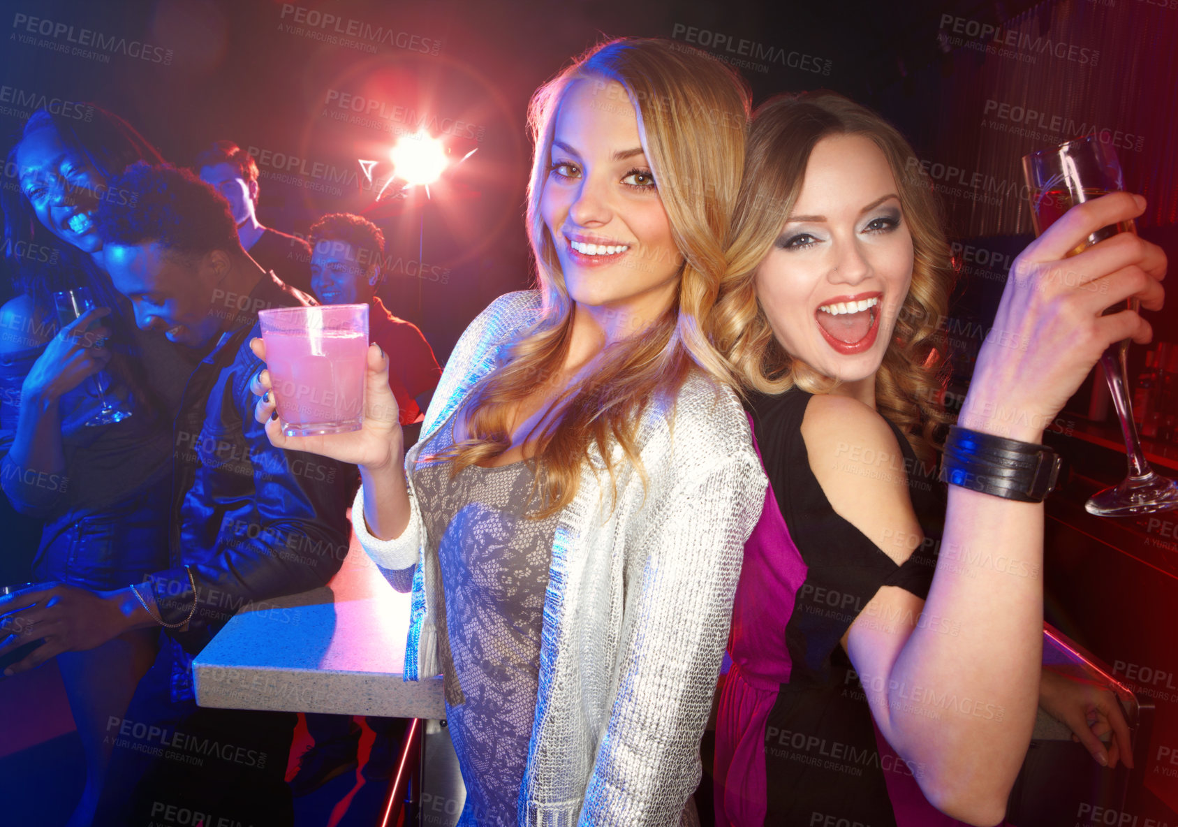 Buy stock photo Party, friends and alcohol drinks at a nightclub while dancing, happy and excited to celebrate birthday, new years or happy hour together. Portrait of women with cocktails for a celebration at a club