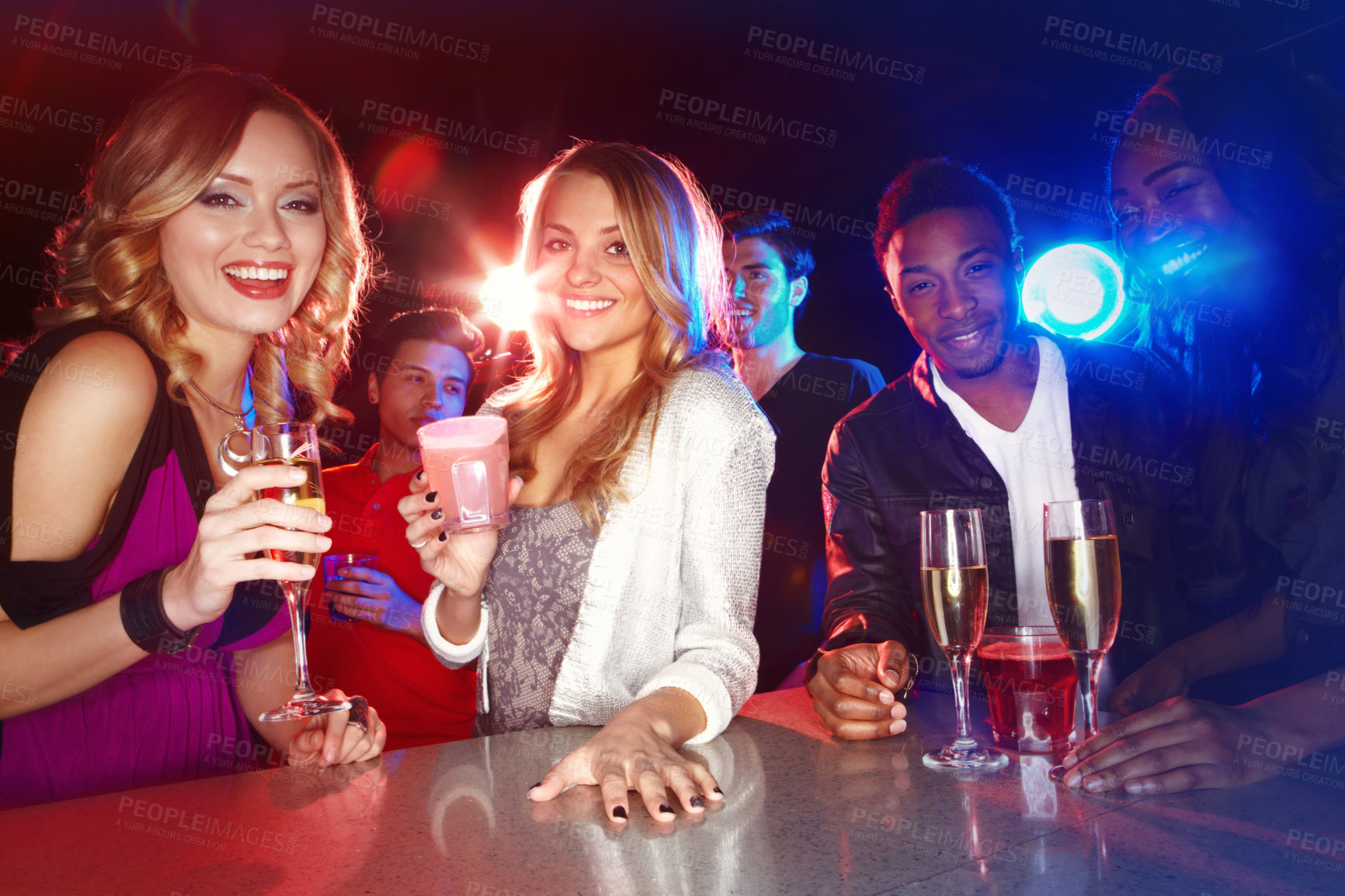 Buy stock photo Friends, drinks, and nightclub party with alcohol to celebrate new years, birthday or happy hour with champagne and cocktails. Women and men group with wine at club or social celebration event at bar