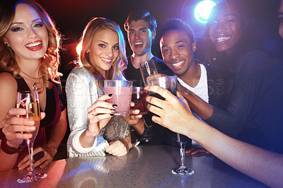 Buy stock photo Friends with cocktail drinks, toast in nightclub and smile in party portrait, new year celebration with happy people. Drinks, club and happy hour, champagne and cocktails to celebrate with cheers.