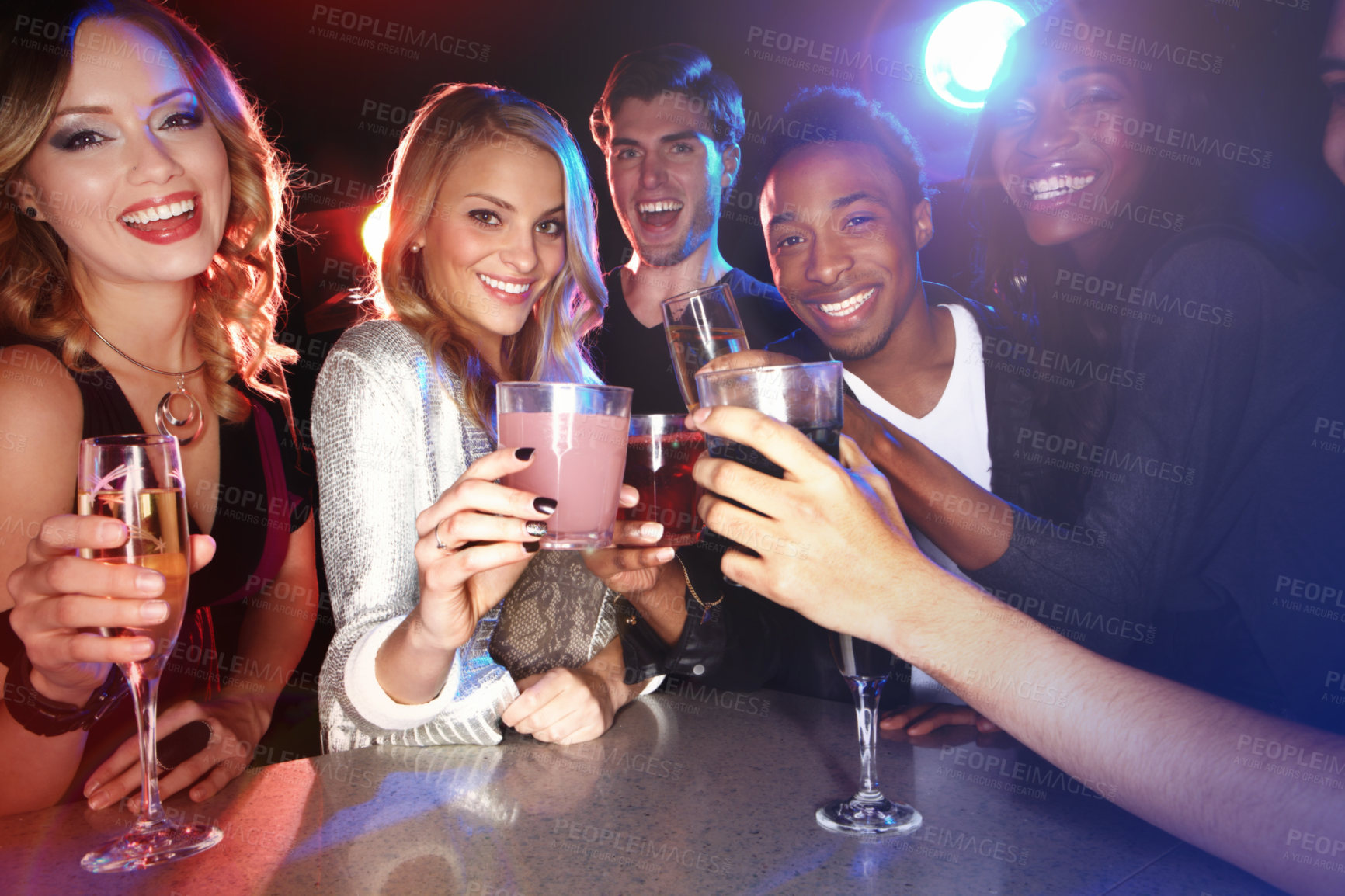 Buy stock photo Friends with cocktail drinks, toast in nightclub and smile in party portrait, new year celebration with happy people. Drinks, club and happy hour, champagne and cocktails to celebrate with cheers.